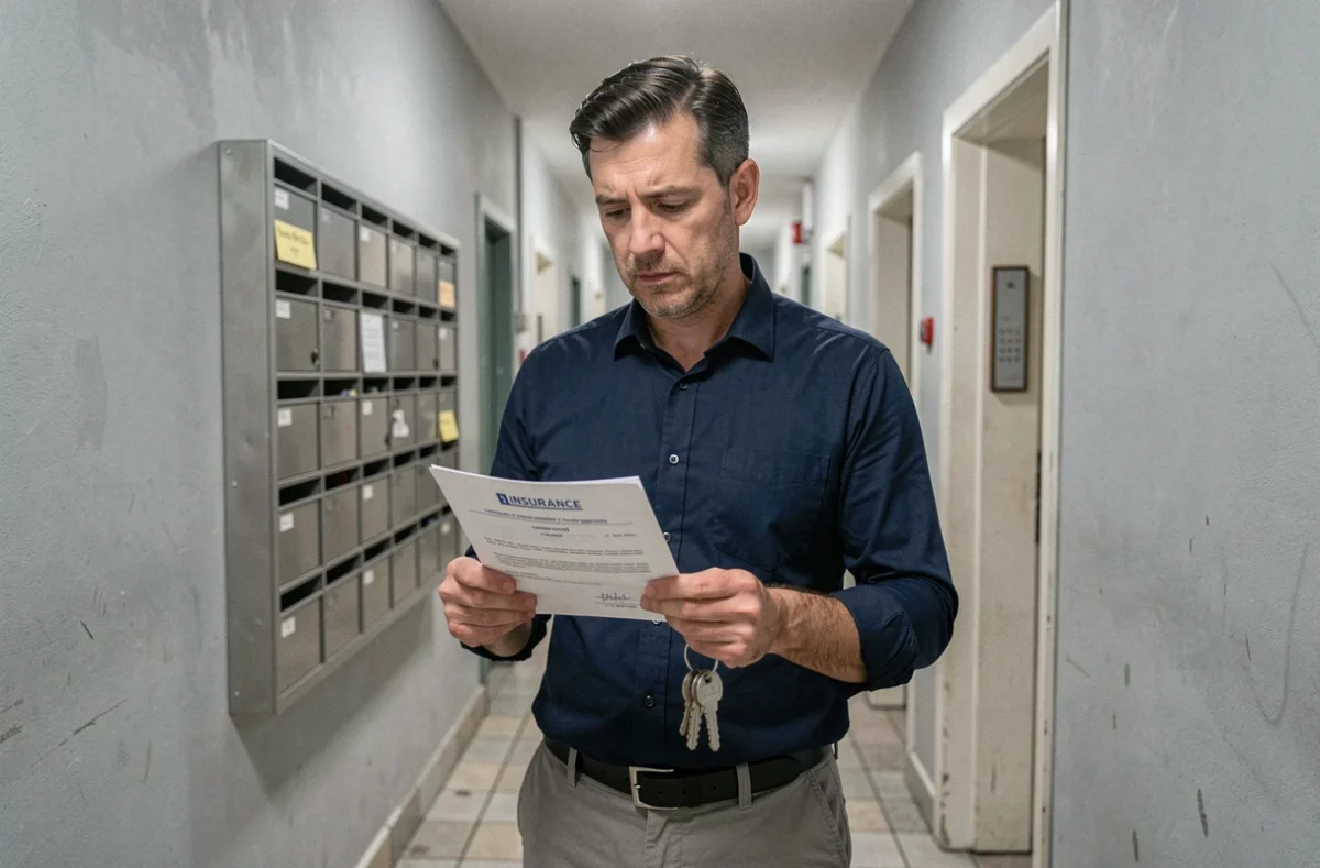 Locataire masculin tenant une attestation d'assurance habitation et des clés d'appartement dans un couloir résidentiel