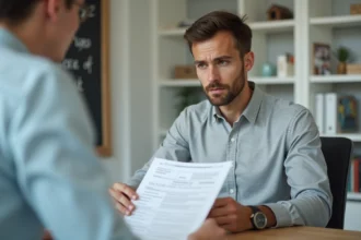Locataire lisant attentivement un contrat de bail avec clause de résiliation Visale dans une agence immobilière