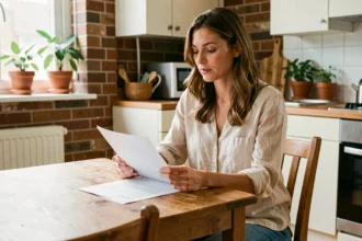 Femme locataire en appartement meublé comparant des offres d'assurance habitation sur des documents papier