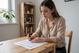 Jeune femme locataire signant un contrat de location avec assurance habitation sur une table en bois dans un appartement moderne