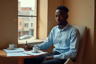 Jeune homme sénégalais consultant des annonces de location d'appartement à Dakar avec un petit budget