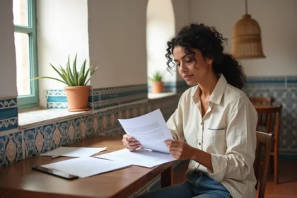 Femme signant un contrat de location longue durée dans un appartement traditionnel à Essaouira avec carrelage marocain et murs blanchis à la chaux