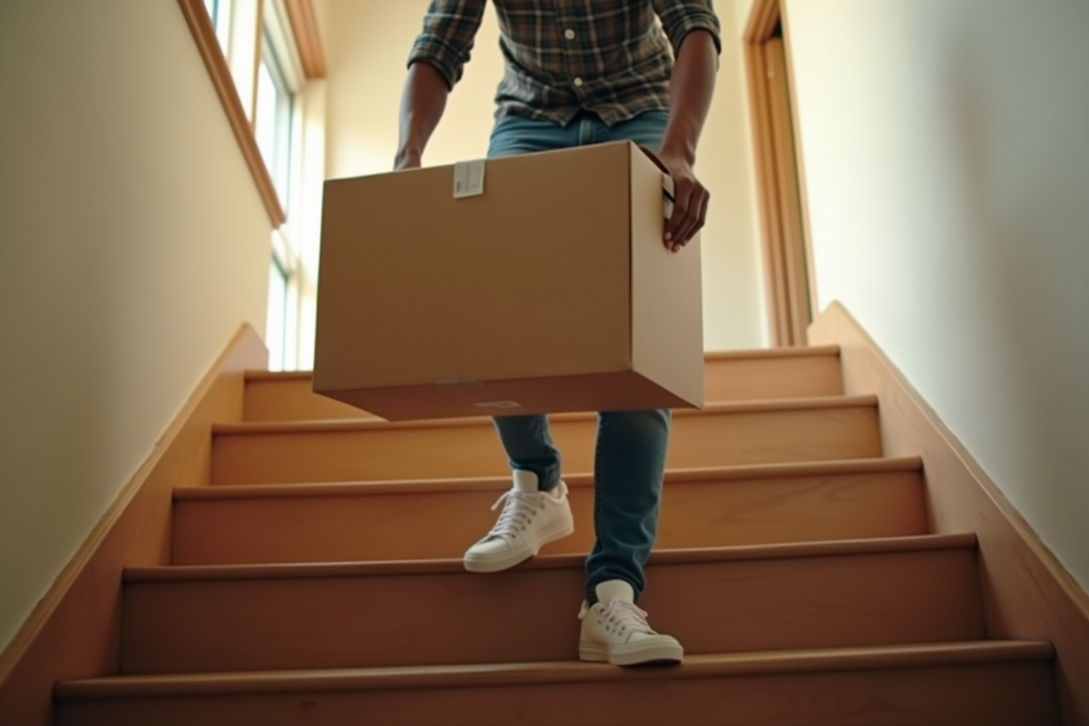 Mains portant une boîte dans un escalier avec lumière naturelle