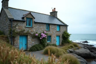 Maison de pêcheur en pierre de granit à vendre en Bretagne, vue depuis le rivage rocheux avec façade patinée et volets bleus délavés
