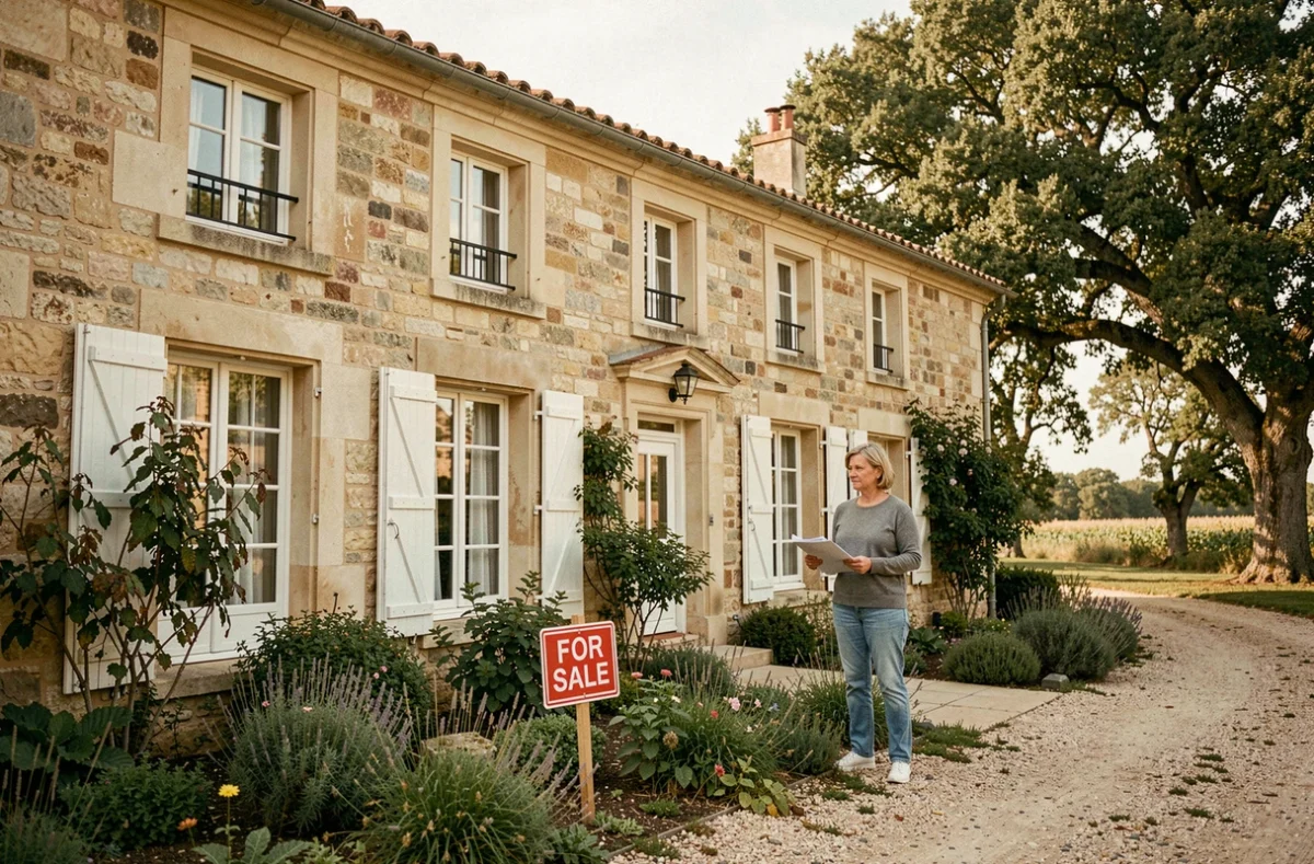 Femme devant une résidence secondaire familiale en pierre à vendre avec panneau immobilier dans le jardin