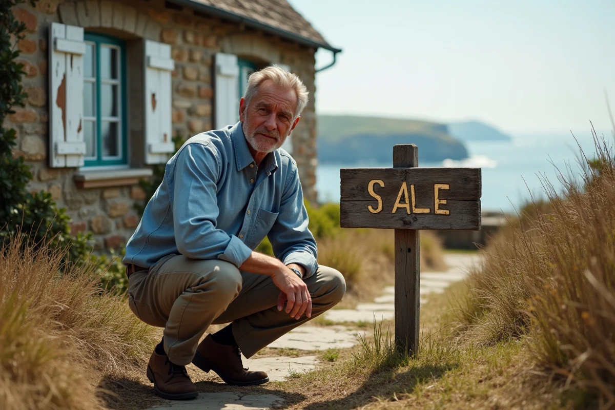 Homme inspectant un panneau à vendre devant une maison en pierre avec vue sur la mer