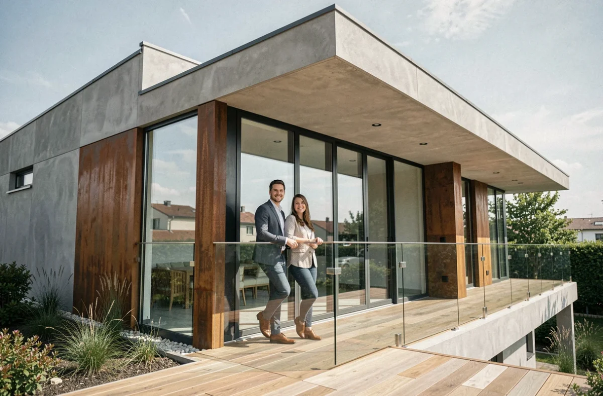 Maison contemporaine à toit plat et baies vitrées réalisée par Maisons Axial dans le département du Rhône