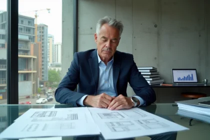 Marchand de bien consultant des documents TVA et plans de rénovation dans un bureau contemporain avec vue sur un chantier urbain