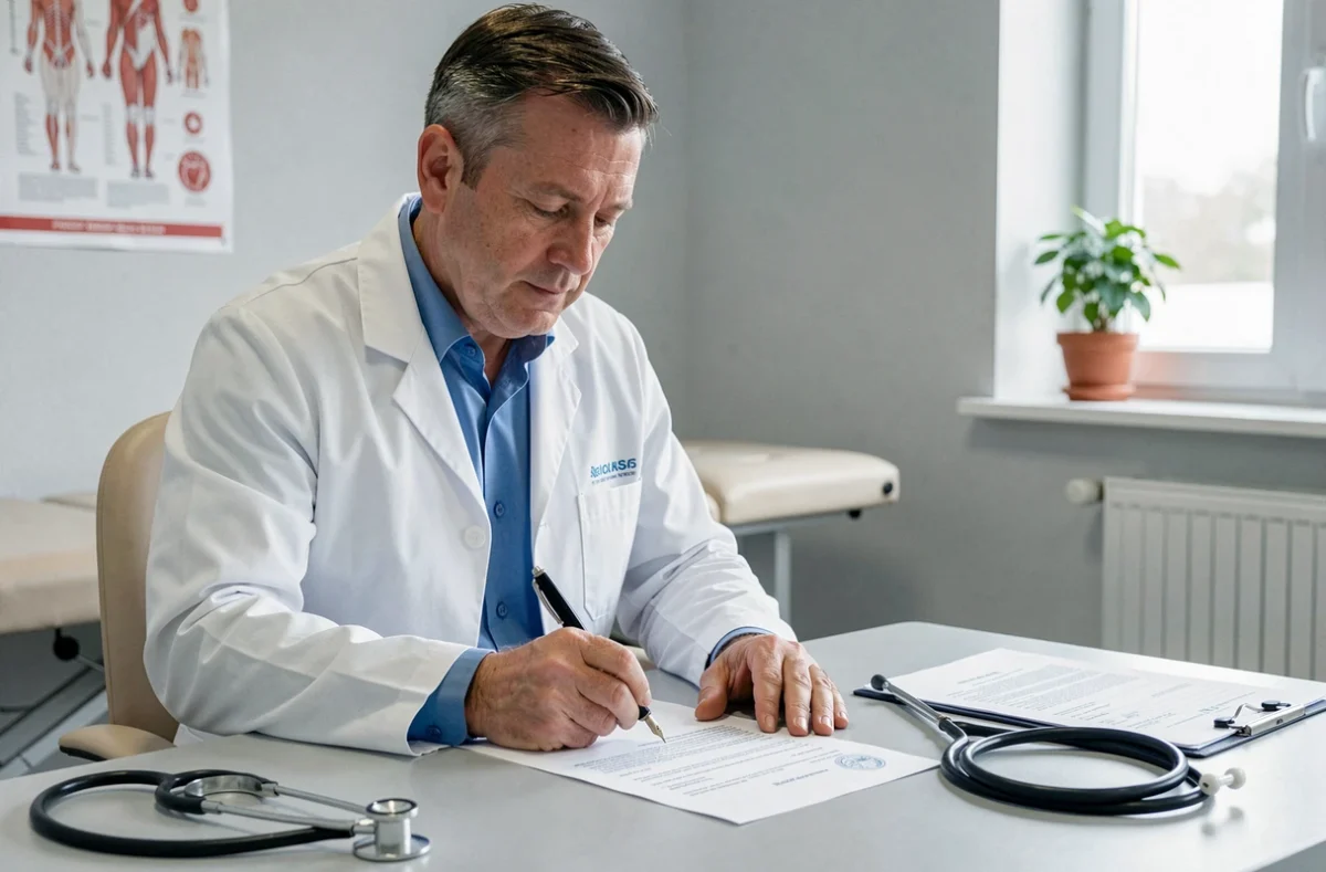 Médecin généraliste rédigeant un certificat médical à son bureau dans un cabinet de consultation en France