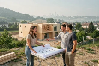 Un couple examine les plans de leur future maison individuelle en construction dans la région lyonnaise