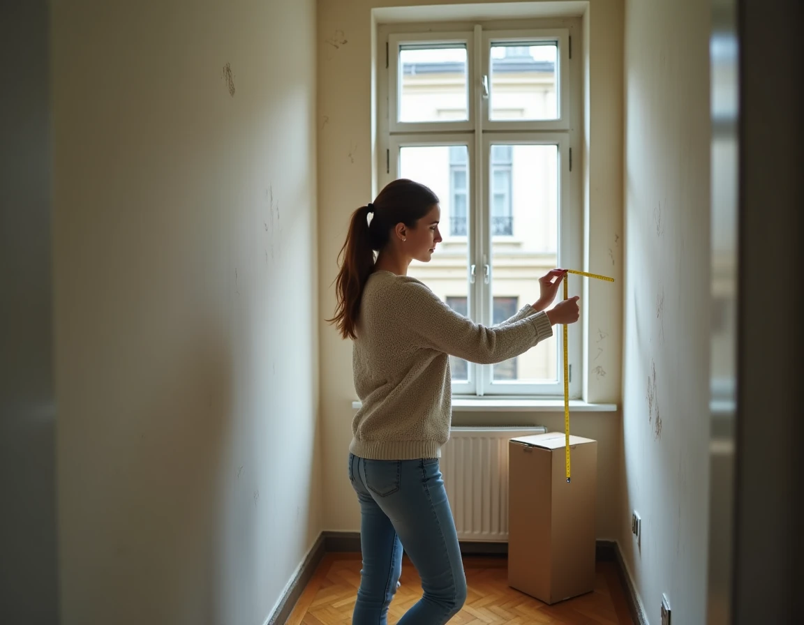 Femme mesurant une petite pièce pour évaluer si elle peut être considérée comme chambre dans un appartement T3
