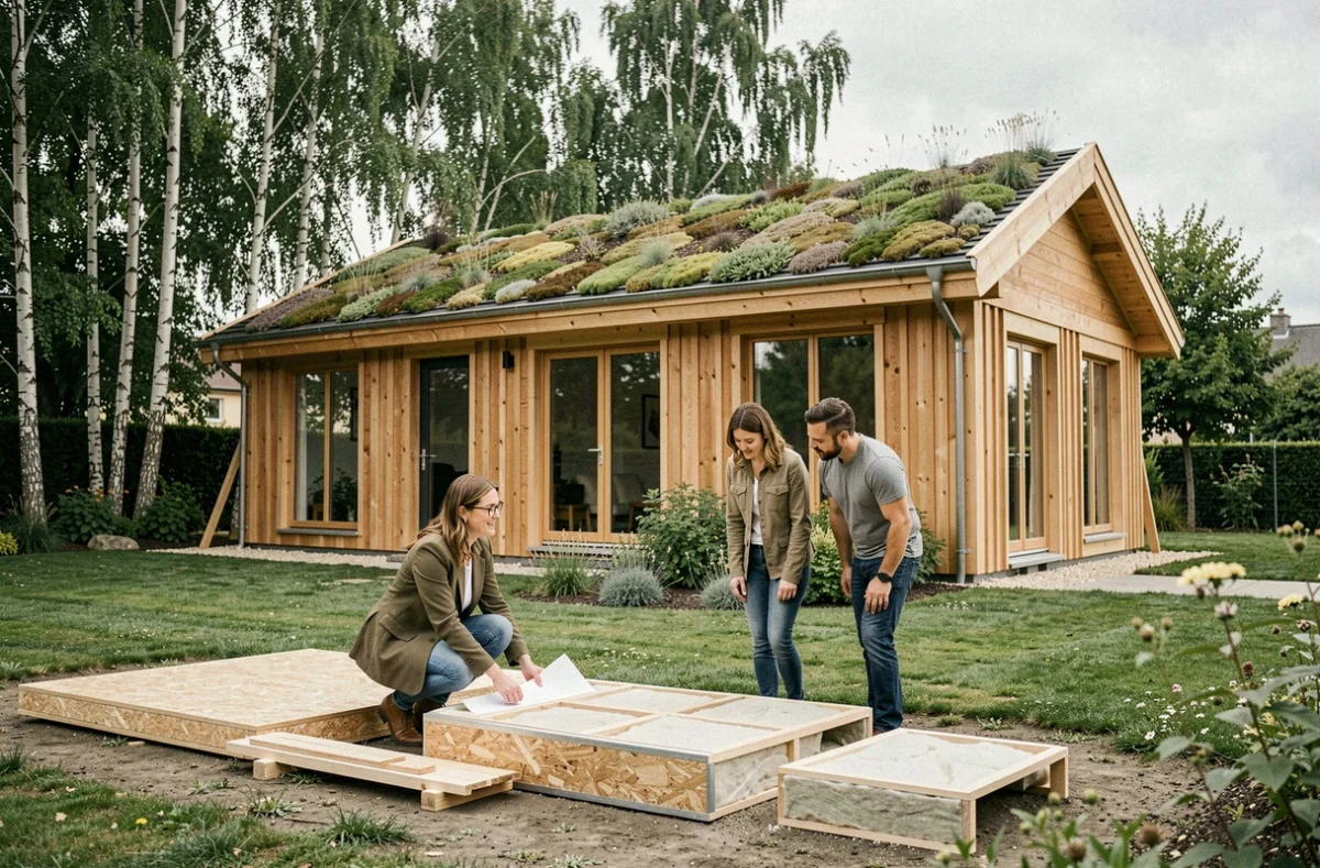 Maison à ossature bois écologique Natilia Lyon avec toiture végétalisée dans un lotissement de l'est lyonnais