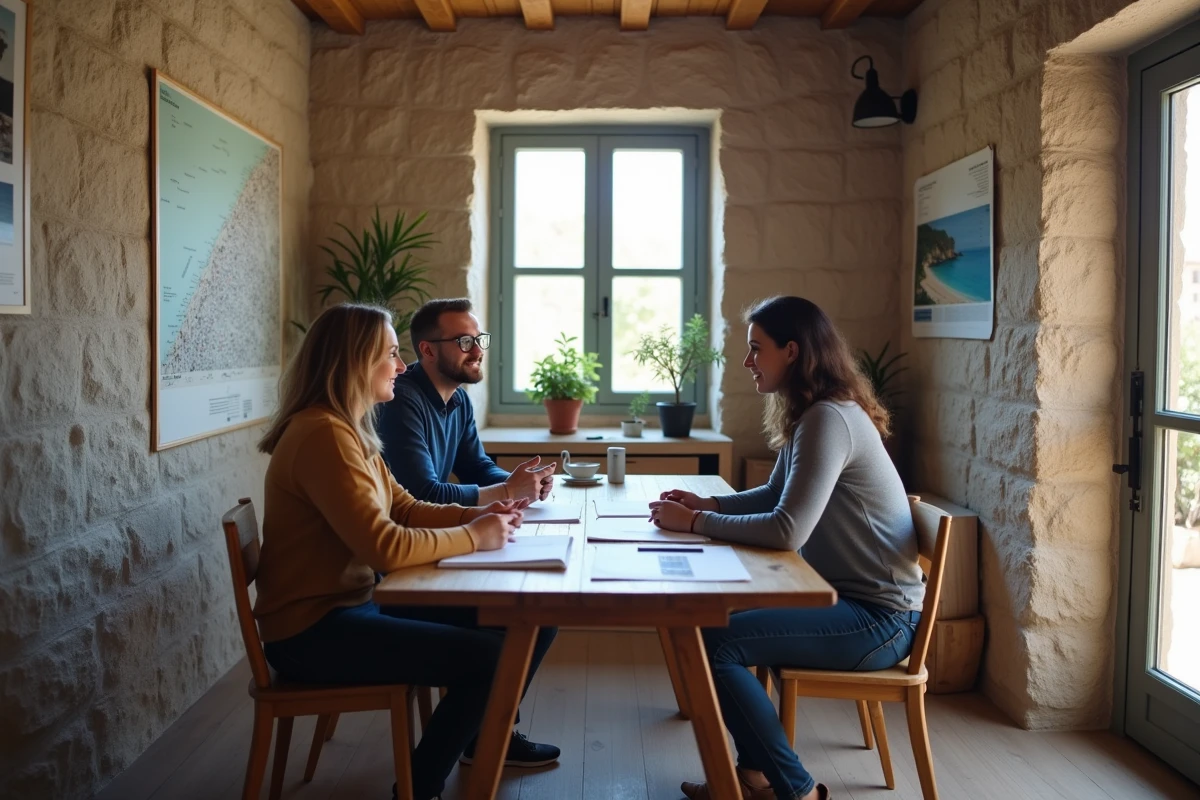 Couple en négociation avec un agent immobilier local dans une agence en bord de mer