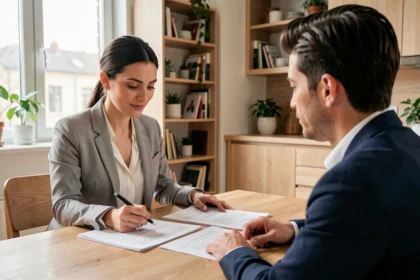 Locataire et propriétaire négociant les charges et provisions lors de la signature d'un bail dans un appartement moderne