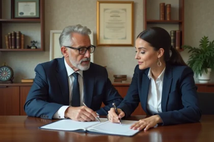 Notaire en costume explique un document juridique à une jeune femme