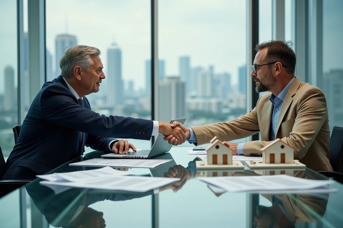 Notaire et investisseur LMNP discutant des obligations de l'article 606 du code civil autour d'un contrat immobilier