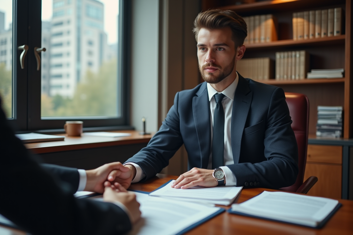 Jeune notaire remettant un document à un client