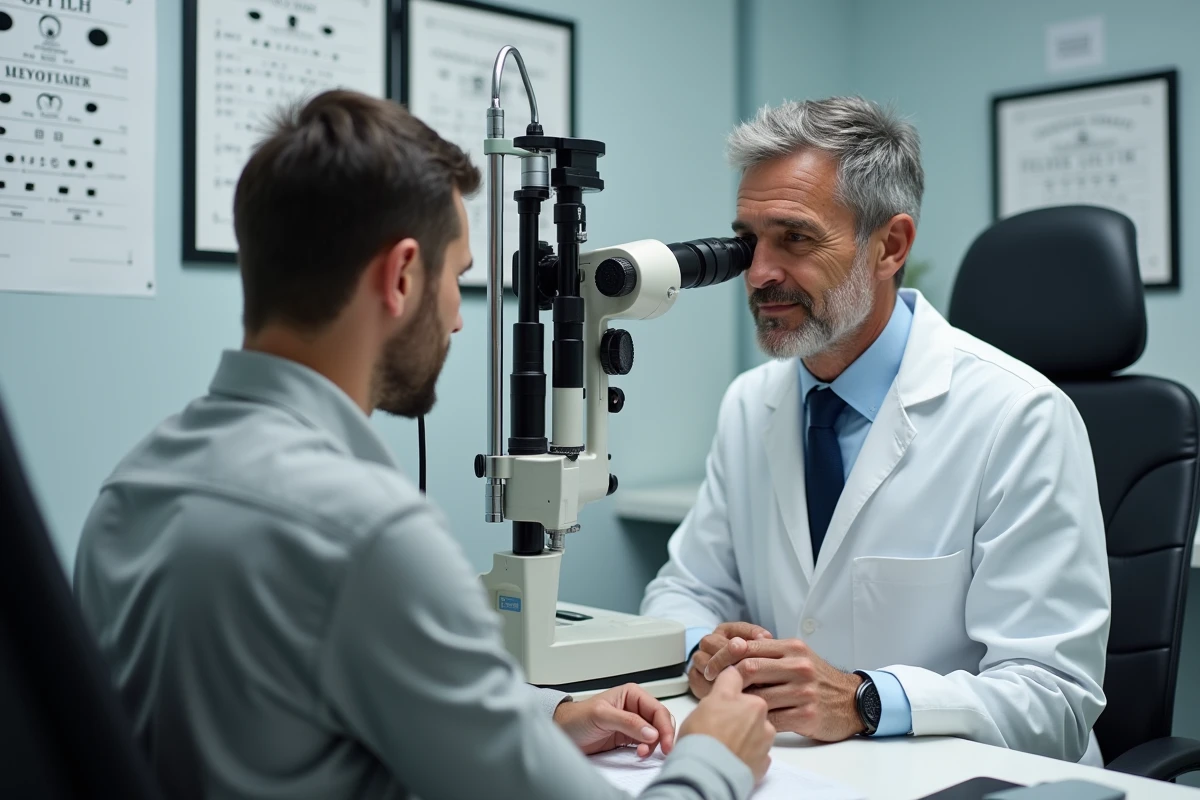 Opticien examinant la vue d'un patient avec un équipement ophtalmologique moderne dans une clinique professionnelle