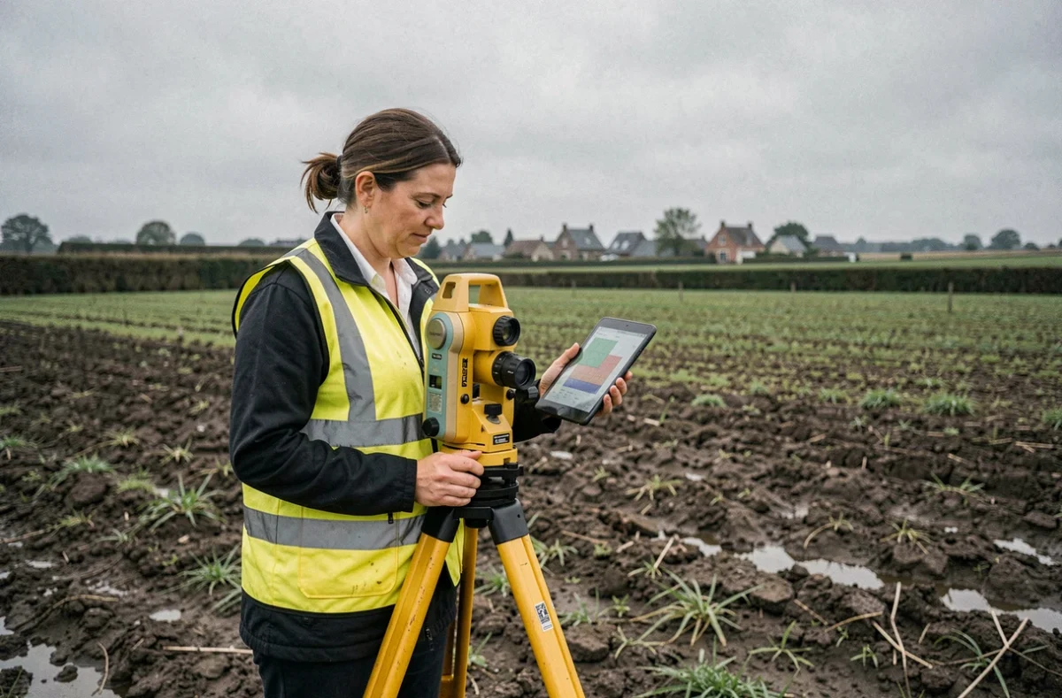 Géomètre-expert femme utilisant un tachéomètre dans un champ agricole des Hauts-de-France pour une mesure cadastrale