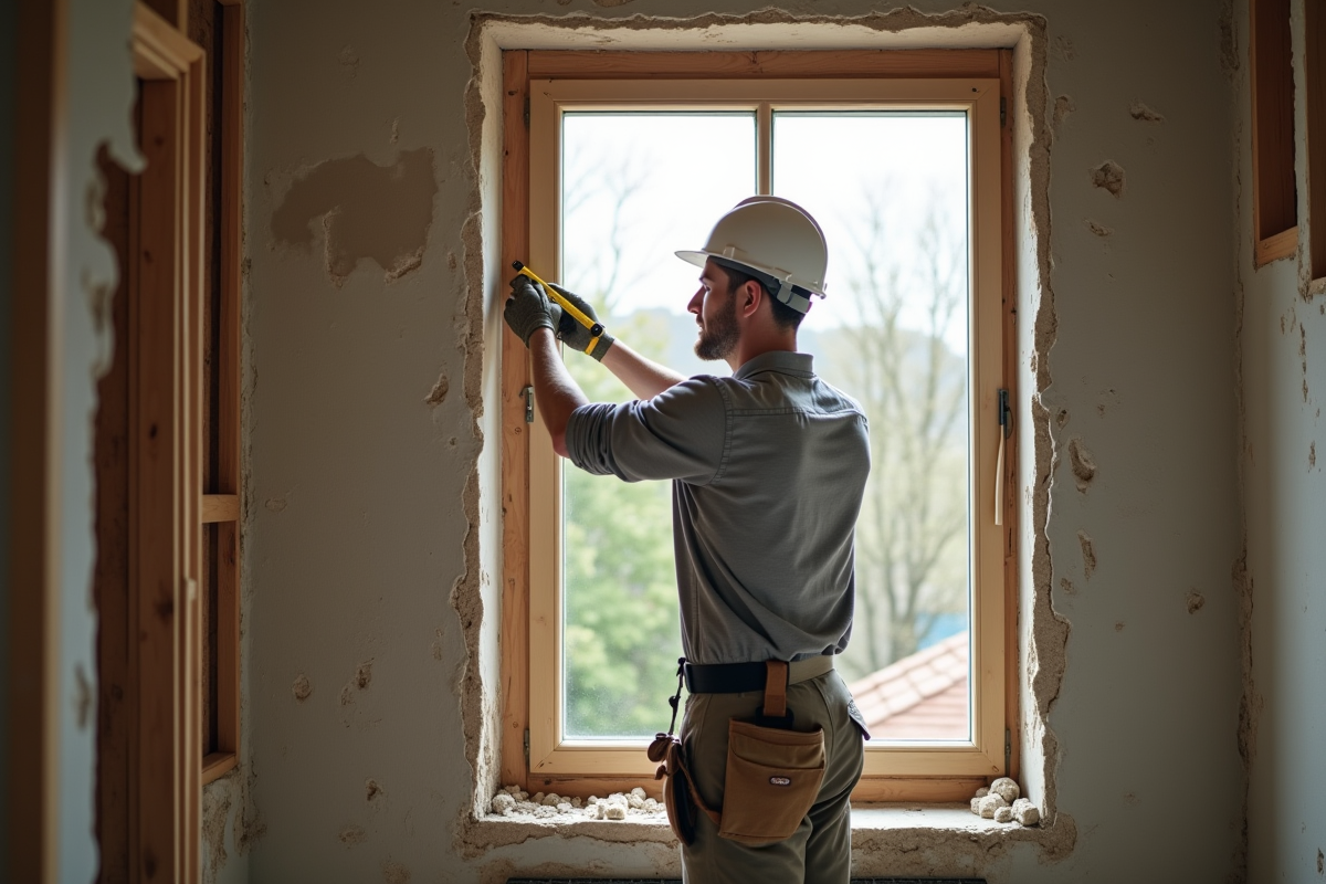 Ouvrier mesurant une ancienne fenêtre en bois dans une pièce en rénovation