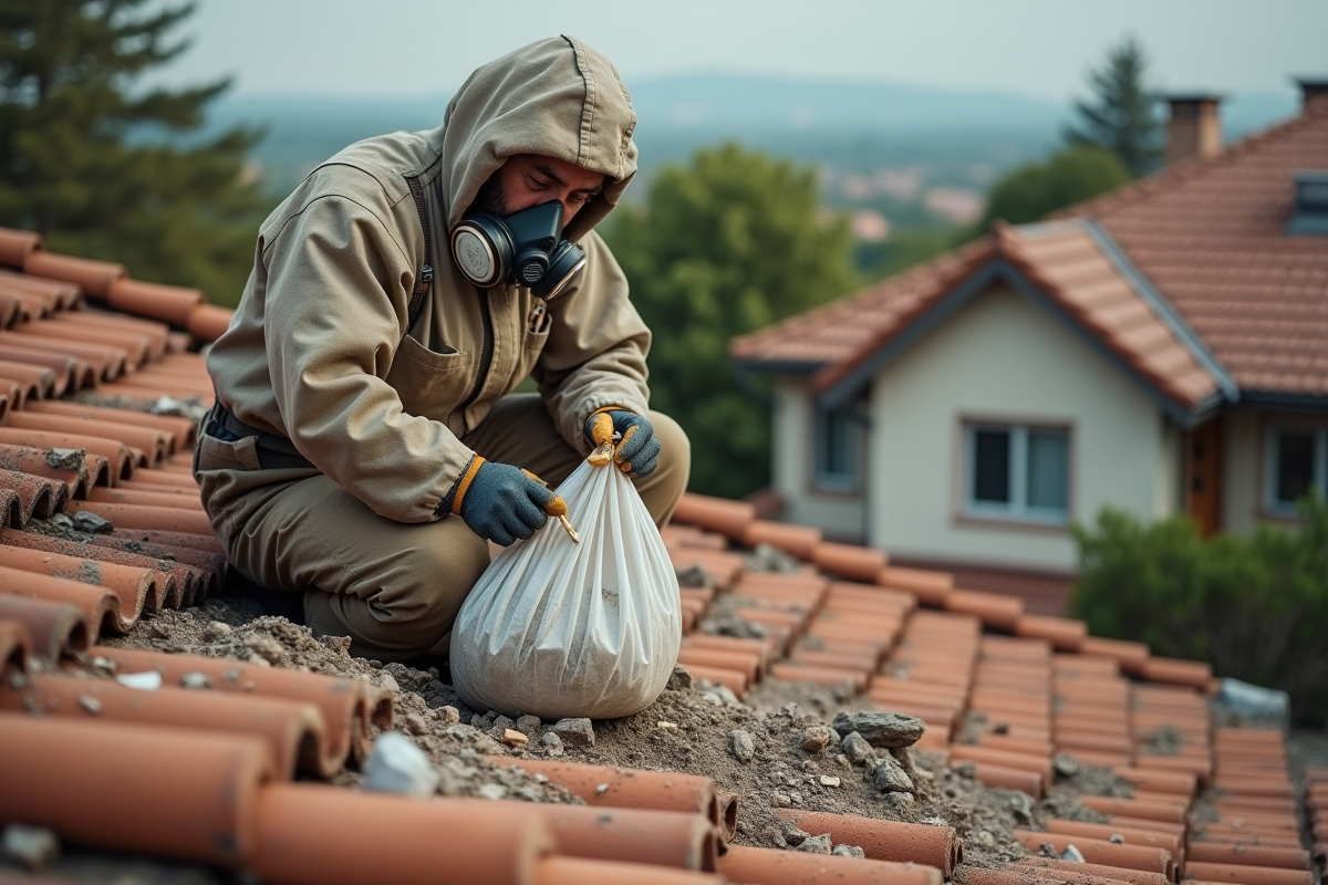 Ouvrier en combinaison de protection retire le vieux toit