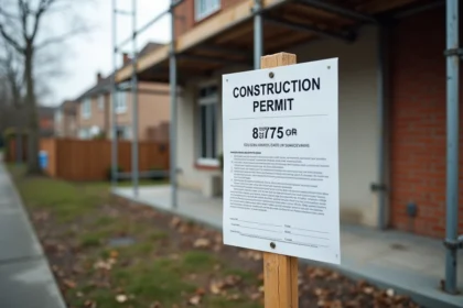 Panneau de permis de construire affiché sur piquet en bois devant une maison individuelle en travaux