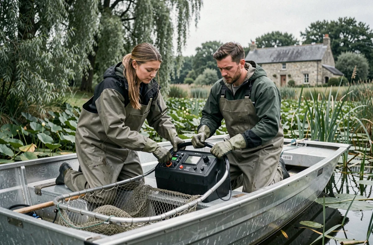 Biologistes réalisant une pêche électrique pour estimer la biomasse piscicole d'un étang avant acquisition