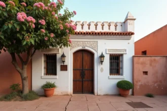 Petite villa marocaine blanchie à la chaux à vendre à Marrakech avec portail en fer forgé et végétation envahissante signalant un manque d'entretien