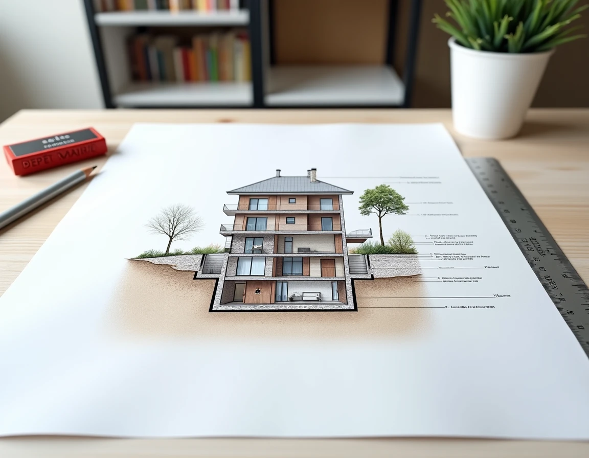 Plan en coupe détaillé d'un terrain et d'une construction résidentielle prêt à être déposé en mairie