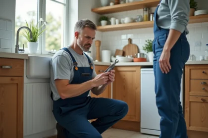 Plombier homme en overalls dans une cuisine moderne