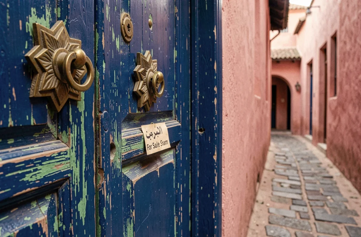 Porte en bois bleue d'un riad en vente dans la médina de Marrakech avec heurtoir en laiton et panneau à vendre