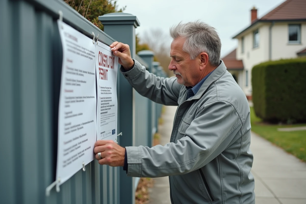 Homme fixant un panneau de permis de construire sur un grillage devant une maison individuelle
