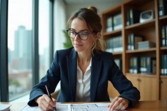 Professionnelle de l'immobilier analysant des documents de revue foncière sur un bureau moderne avant un investissement en terrain