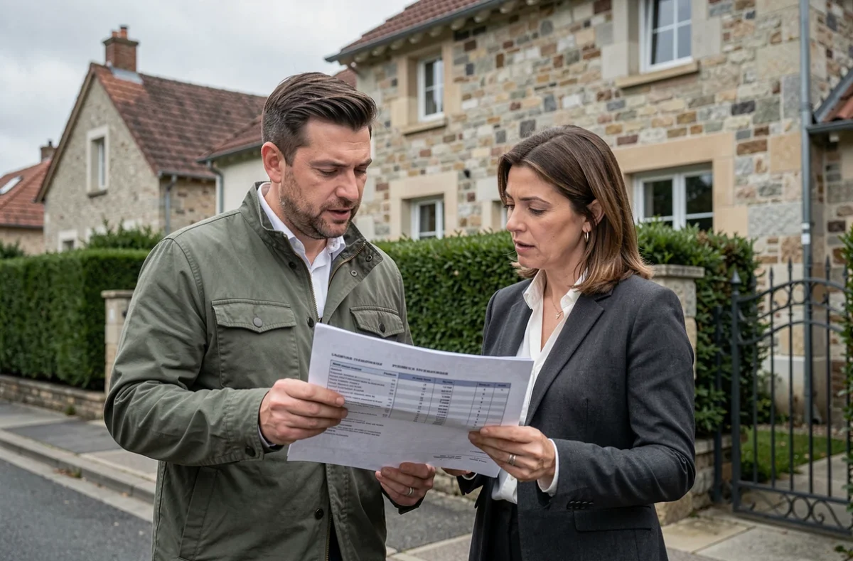 Deux professionnels de l'immobilier discutant d'une évaluation devant une maison individuelle