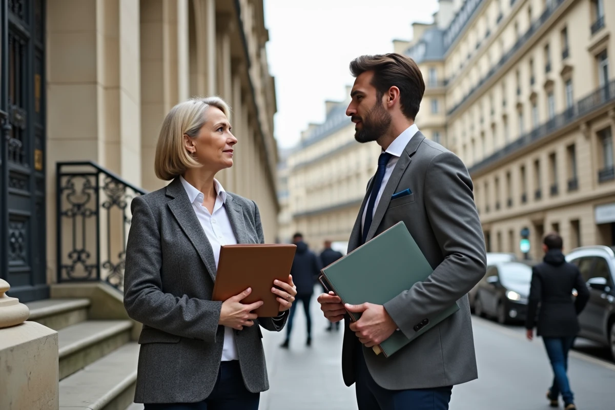 Deux professionnels du logement en discussion devant un bâtiment administratif haussmannien à Paris
