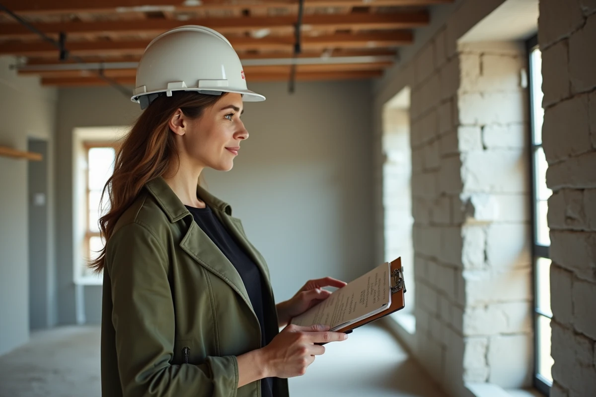 Promotrice immobilière inspectant un appartement en cours de rénovation avec notes de coûts de travaux pour optimisation de la TVA