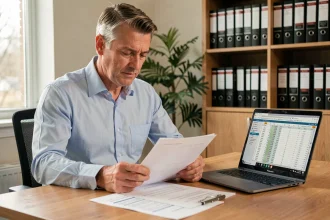Propriétaire bailleur analysant l'indice ILAT et ses revenus fonciers sur des documents fiscaux à son bureau
