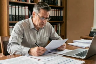Propriétaire examinant des documents de bail locatif à son bureau à domicile