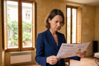 Propriétaire étudiant un certificat DPE dans un appartement marseillais aux murs en pierre avec parquet en tomettes