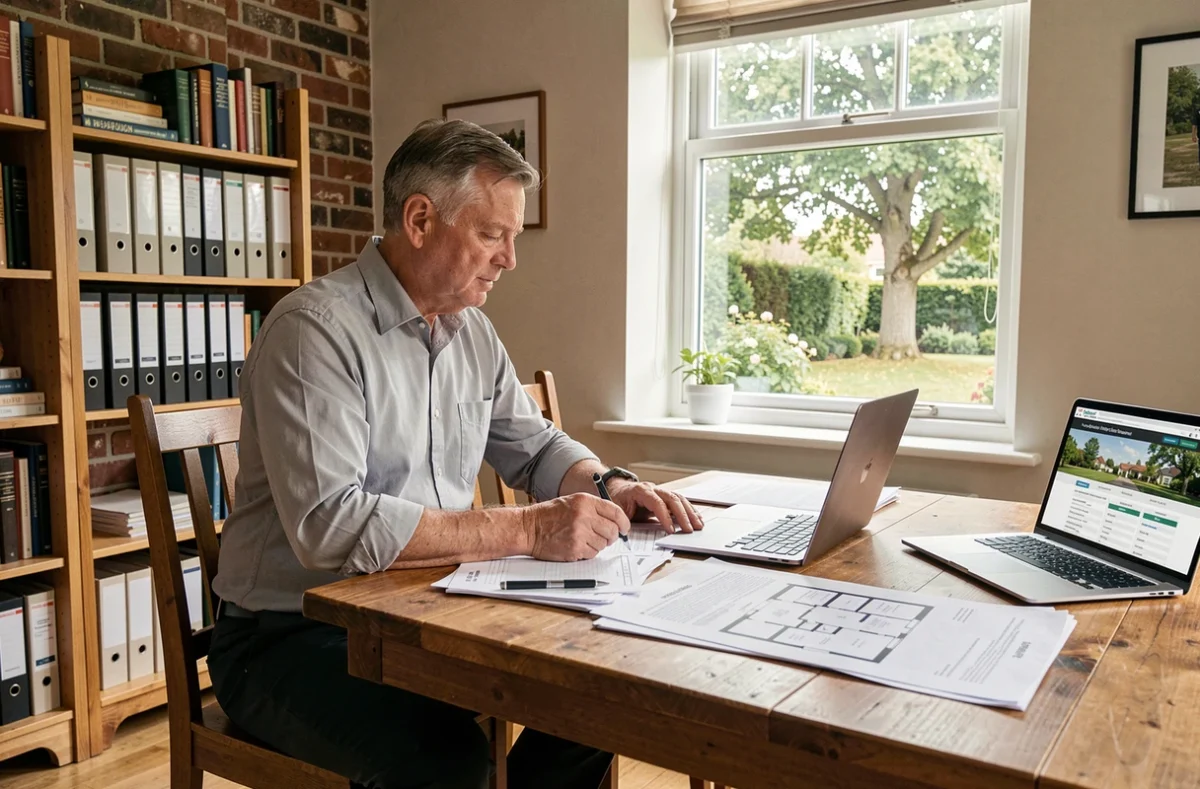 Propriétaire consultant des documents d'évaluation immobilière sur une table à domicile