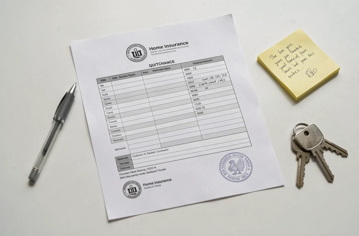 Quittance d'assurance habitation posée sur un bureau avec clés et stylo