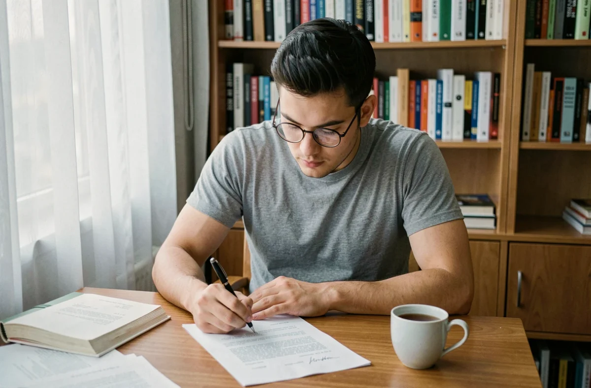Un jeune homme rédige sa lettre de motivation pour un logement intergénérationnel à son bureau dans un appartement