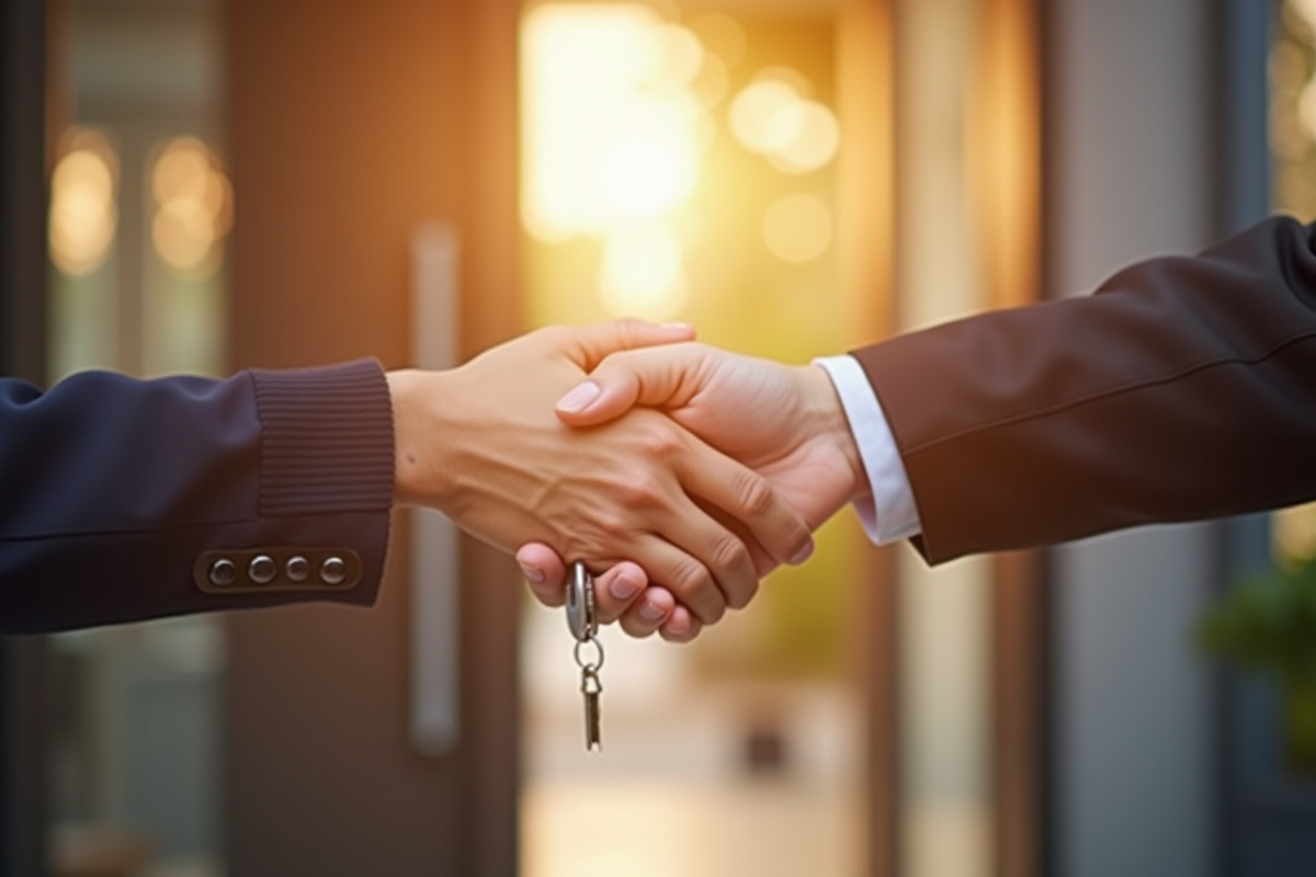 Remise des clés devant un bâtiment lumineux pour une location immobilière