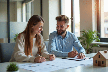 Jeune couple rencontrant un conseiller financier dans un bureau moderne