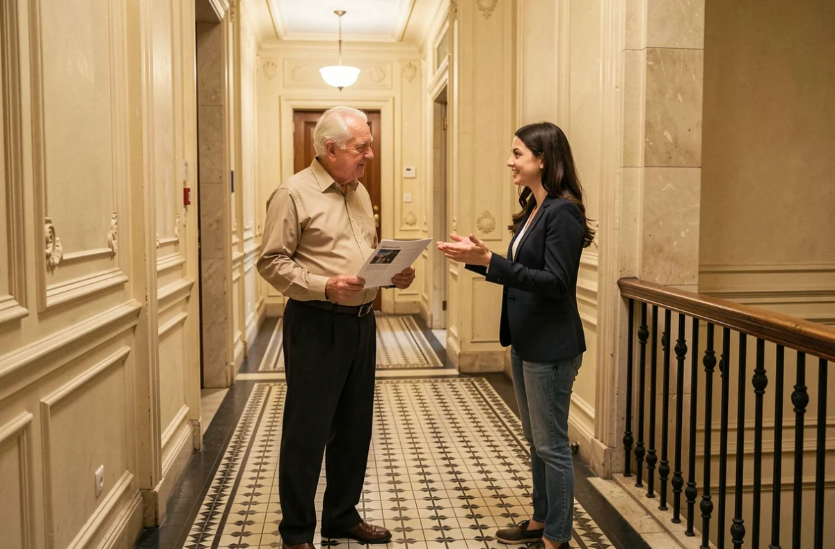 Un senior et une jeune femme se rencontrent dans le couloir d'un immeuble parisien pour discuter d'un projet de logement intergénérationnel