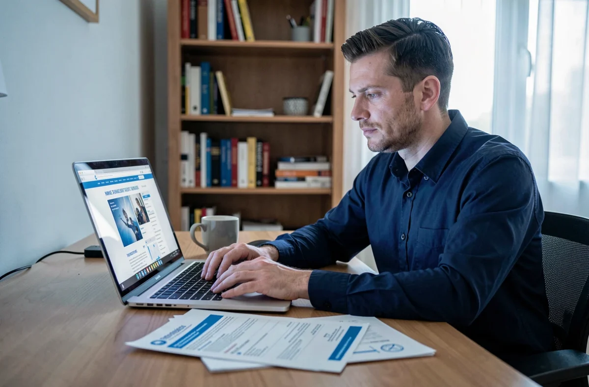 Homme effectuant une demande de résiliation d'assurance habitation en ligne depuis son bureau à domicile