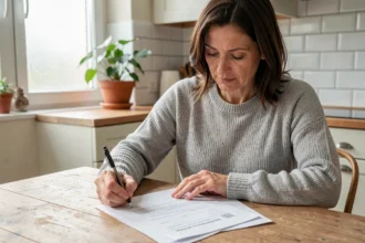 Femme remplissant une lettre de résiliation d'assurance habitation à table dans une cuisine moderne