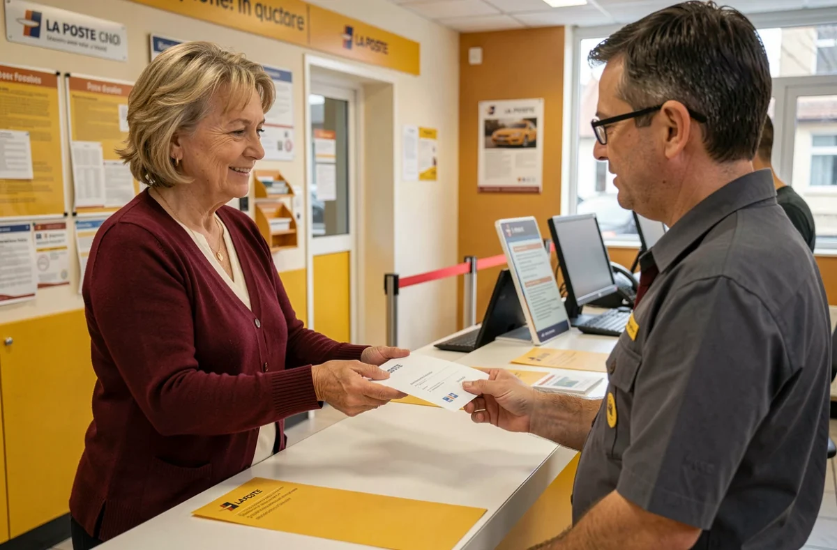Femme envoyant une lettre recommandée de résiliation d'assurance habitation à La Poste