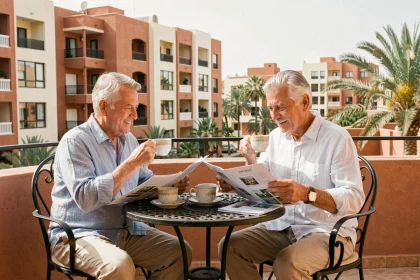 Couple de retraités français savourant le thé à la menthe sur une terrasse d'appartement à Guéliz, Marrakech