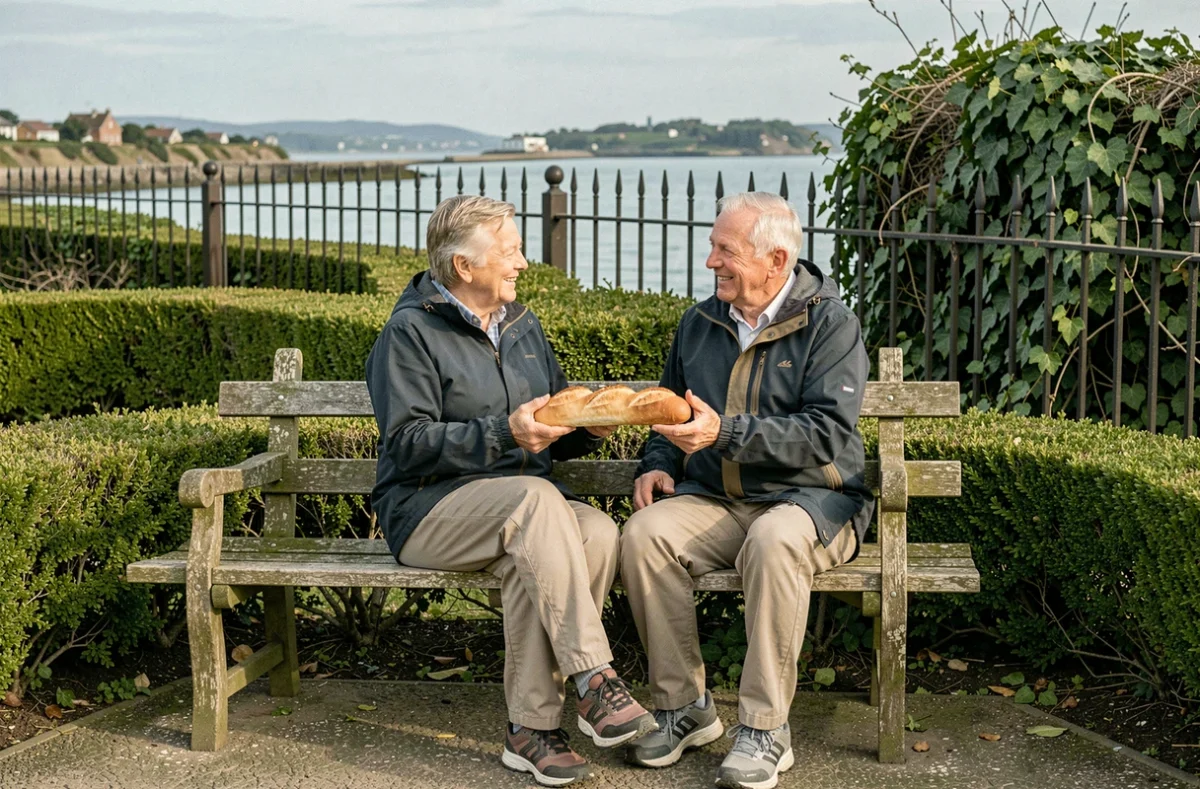 Couple de retraités assis dans un jardin public du quartier Saint-Servan à Saint-Malo avec vue sur la Rance